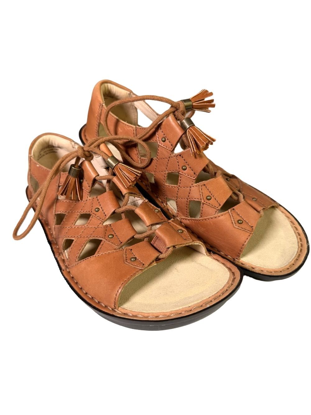 Alegria Tan Leather Cutout Tassel Lace Sandals size 37 or 7/7.5